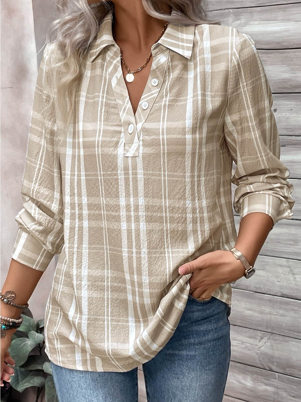 Striped Tan and White Tunic Top with Button Placket XL
